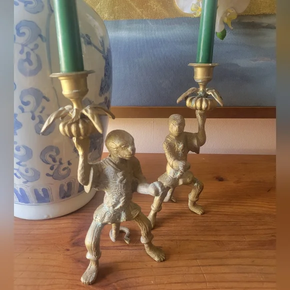 Vintage Solid Brass monkey Candlestick Holders Pair